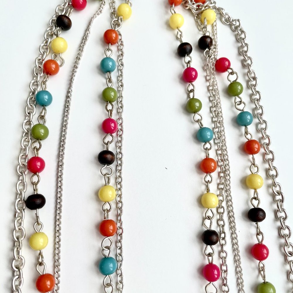 Vintage long silver chains with multicolored small bakelite beads. 70's